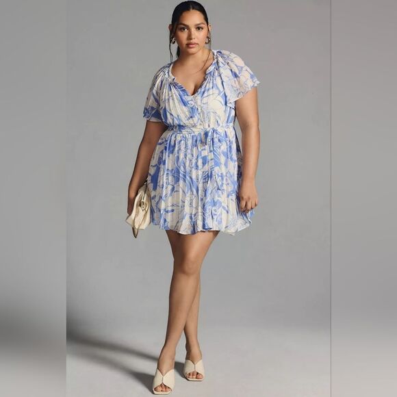 Anthropologie V-Neck Ruffle-Sleeve Pleated Dress In Blue Motif Size Small NWT - Picture 6 of 11